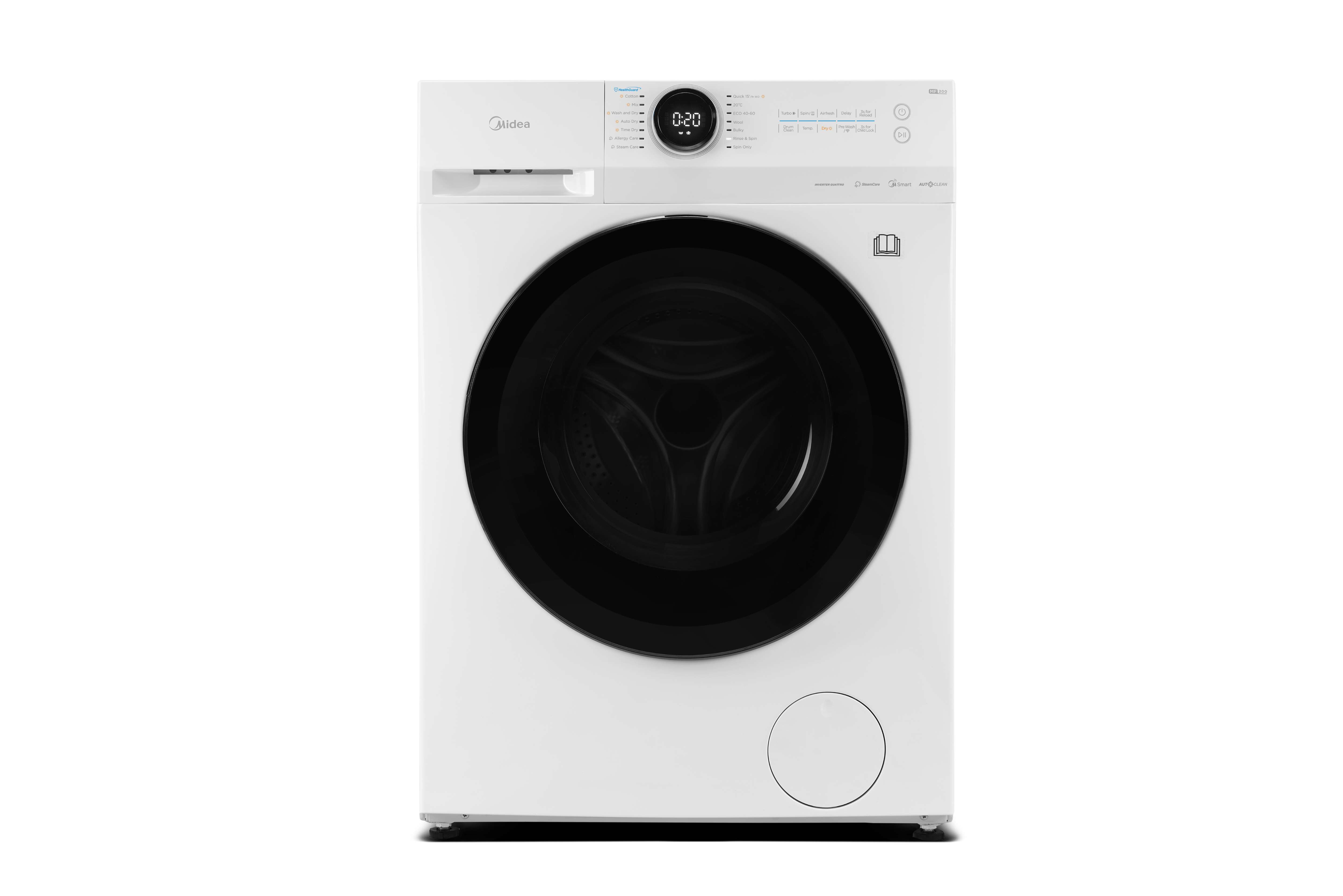Midea MF20ED80WB/1 Freestanding Washer Dryer, BLDC Motor, Bright LED Display Lunar Dial, Health Guard, Steam, 1400RPM, 8kg/6kg load, APP Control, White [Energy Class A]