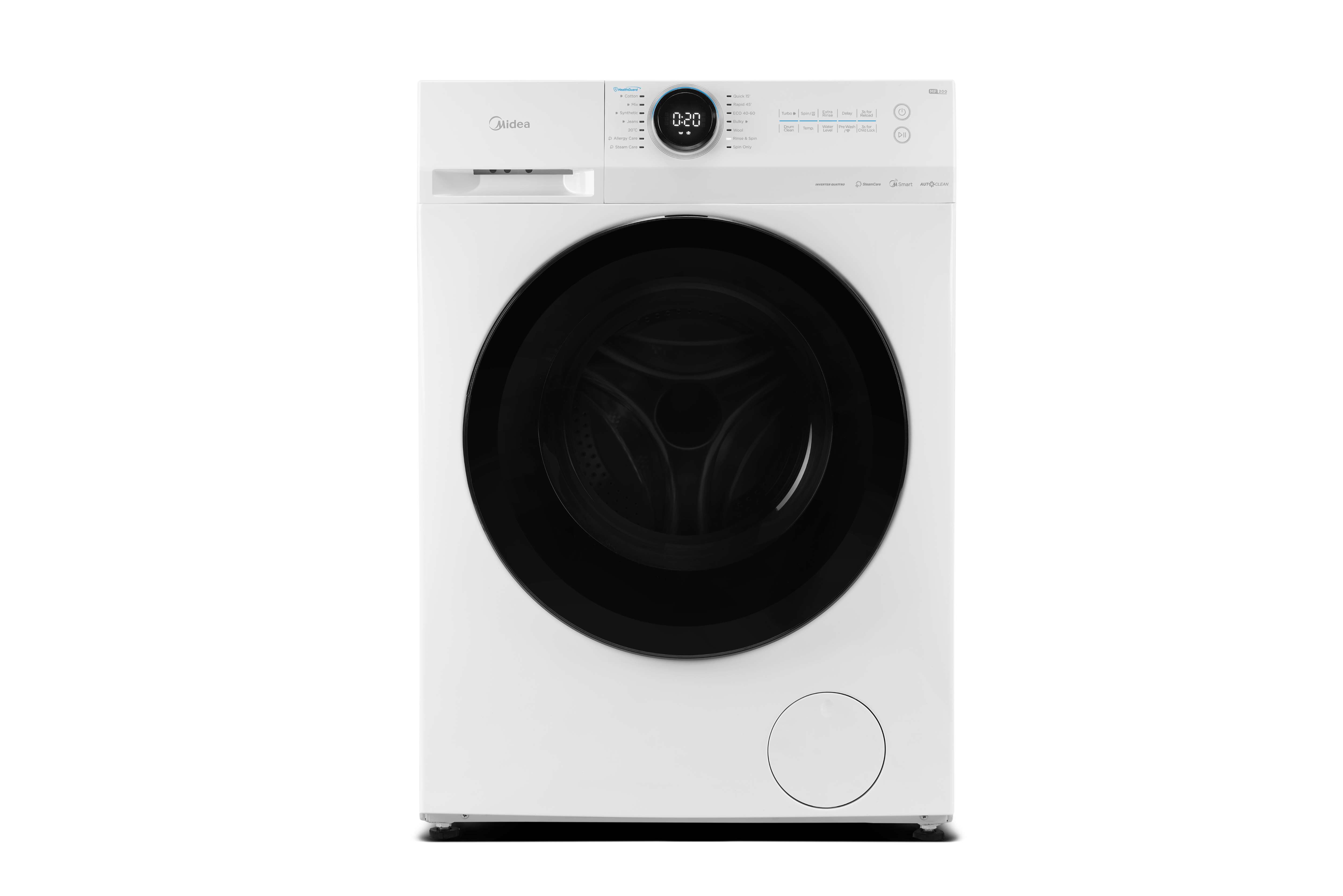 Midea MF20EW80WB Freestanding Washing Machine, BLDC Motor, Bright LED Display Lunar Dial, Steam, Allergy Care, Half-Load, Add Garment, Delay Start, Child Lock, APP Control, 8kg White [Energy Class A]